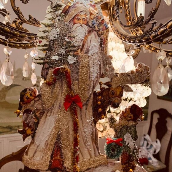 SANTA CLAUS*ST. NICHOLAS*CHRISTMAS DRESDEN VICTORIAN ORNAMENT*ELVES REINDEER WOW - Picture 1 of 6